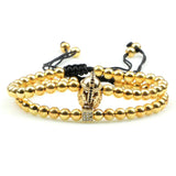 Micro Pave CZ Skull Crown Braided Bracelet Set