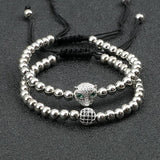 Micro Pave CZ Skull Crown Braided Bracelet Set