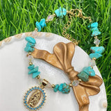 Natural Tourmaline Aquamarine Bead Pendant Bracelet