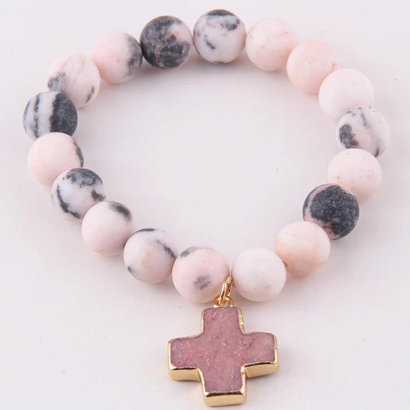 RH Beads Cross Charm Bracelets Natural Stones Beaded Bracelets Women Jewelry