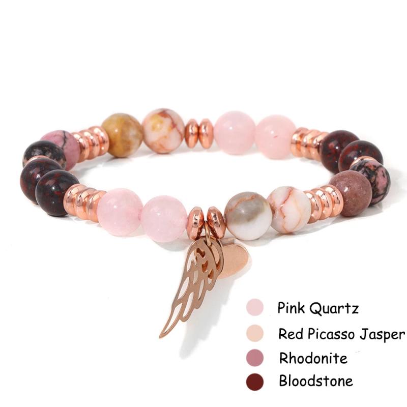 Pink Quartz Angel Wing Bracelet Heart Pendant Bangle
