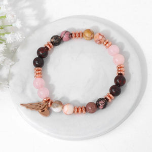 Pink Quartz Angel Wing Bracelet Heart Pendant Bangle
