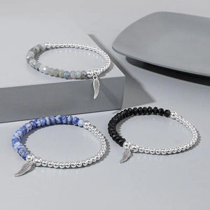 Labradourite Lapis Lazuli Beaded Bracelet with Angel Wings Pendant