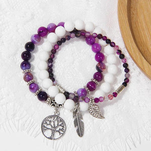 Natural Striped Agates Stone Bracelet Set with Life Tree Charm
