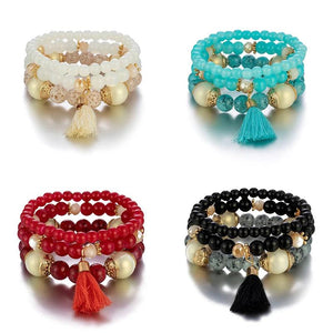Bohemian Beaded Bracelet Set Tassel Charm Glass Beads Bangle