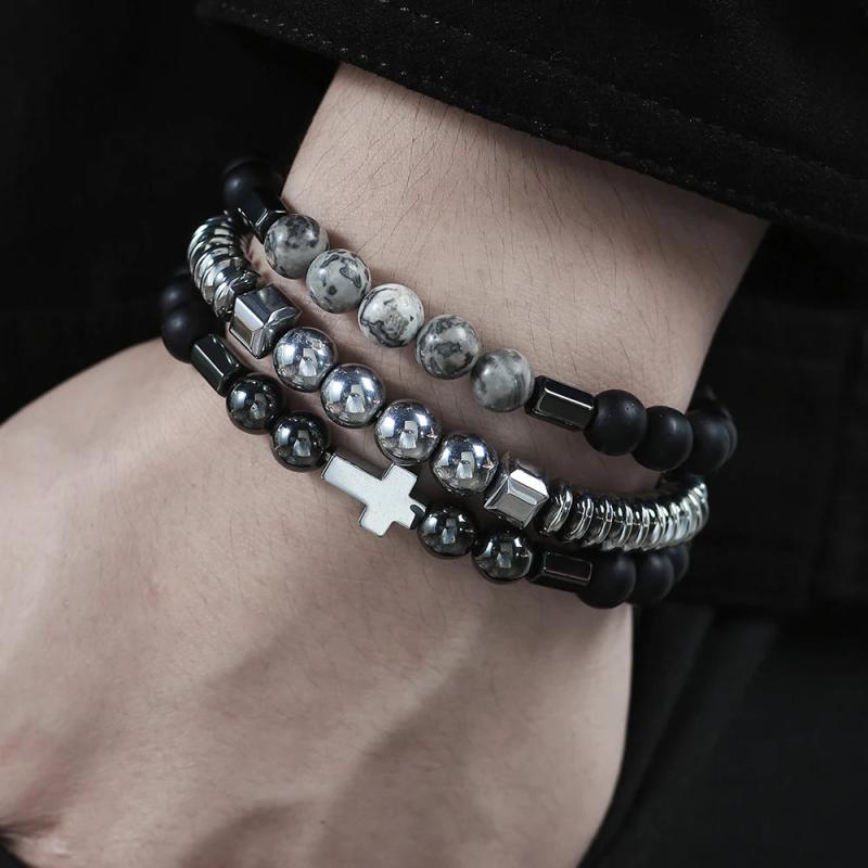 3pcs/Lot Cross Bead Bracelet Sets Hematite Stone Beaded Bracelets