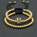 CZ Crown Charm Couples Bracelet Set Braided Adjustable Yoga Jewelry Gift