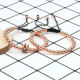 CZ Crown Charm Couples Bracelet Set Braided Adjustable Yoga Jewelry Gift