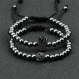 CZ Crown Charm Couples Bracelet Set Braided Adjustable Yoga Jewelry Gift