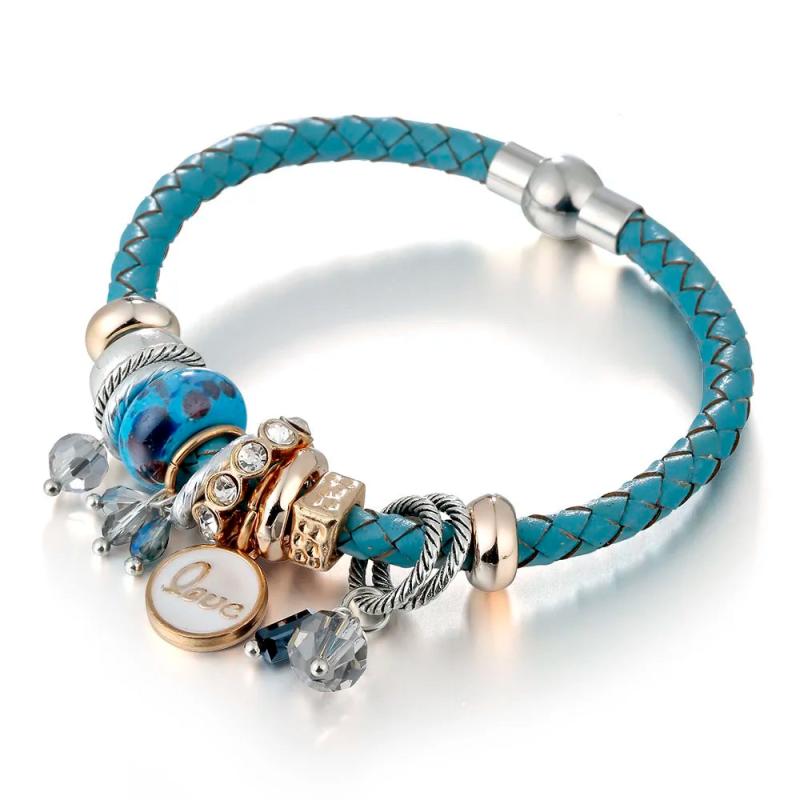 Women Charms Leather Bracelets & Bangles with Crystal Beads
