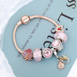 Rose Pink Crystal Leaves Charm Bracelet Ladybug Lucky Horseshoe Bangle