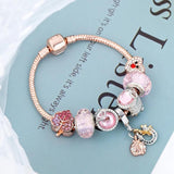 Rose Pink Crystal Leaves Charm Bracelet Ladybug Lucky Horseshoe Bangle