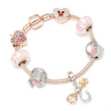 Rose Pink Crystal Leaves Charm Bracelet Ladybug Lucky Horseshoe Bangle