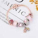 Rose Pink Crystal Leaves Charm Bracelet Ladybug Lucky Horseshoe Bangle