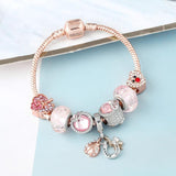 Rose Pink Crystal Leaves Charm Bracelet Ladybug Lucky Horseshoe Bangle