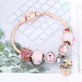 Rose Pink Crystal Leaves Charm Bracelet Ladybug Lucky Horseshoe Bangle
