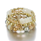 4Pcs Candy Glass Beads Bracelet Set Leaf Charm Elastic Chain Bangle