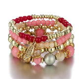 4Pcs Candy Glass Beads Bracelet Set Leaf Charm Elastic Chain Bangle