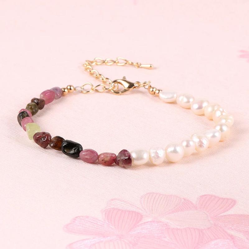 Boho Tourmaline Beads Bracelet Pink Pearl Women