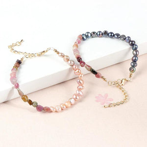 Boho Tourmaline Beads Bracelet Pink Pearl Women