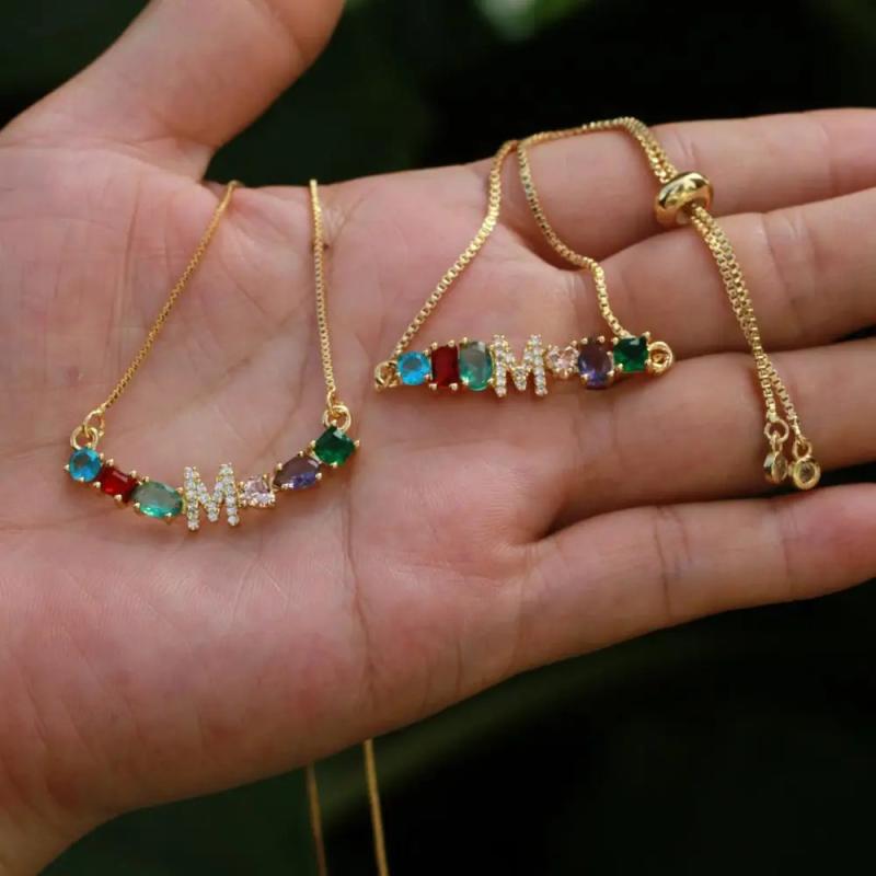 Rainbow CZ Initial A to Letter Mix Bar Bracelet
