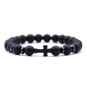 Frosted Stone Cross Zircon Bracelet 8MM Beads Classic Jewelry