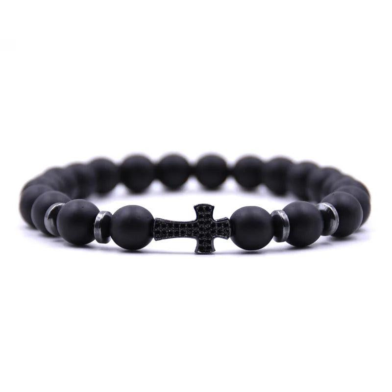 Frosted Stone Cross Zircon Bracelet 8MM Beads Classic Jewelry
