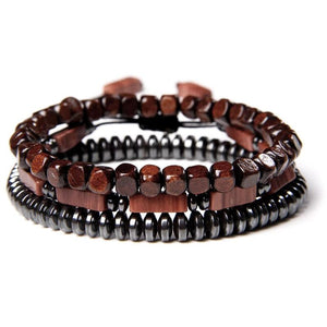 Irregular Shape Hematite 3 Chains Bracelet Set Red Stone Beads