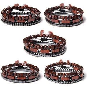 Irregular Shape Hematite 3 Chains Bracelet Set Red Stone Beads