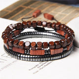 Irregular Shape Hematite 3 Chains Bracelet Set Red Stone Beads