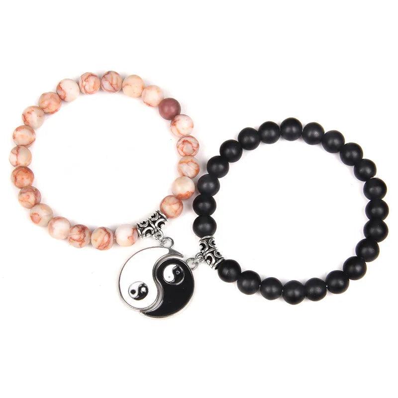 Natural Howlite Stone Beaded Tai Chi Gossip Array Couple Bracelets Set