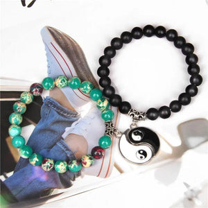 Natural Howlite Stone Beaded Tai Chi Gossip Array Couple Bracelets Set