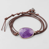 Amethyst Stone Beads Bracelet Leather Waterproof Wax Thread Wrap