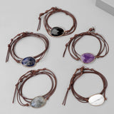 Amethyst Stone Beads Bracelet Leather Waterproof Wax Thread Wrap