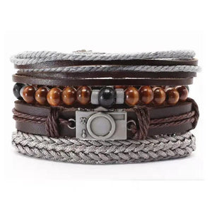 Men's Leather Woven Bracelet with Wooden Bead Set
