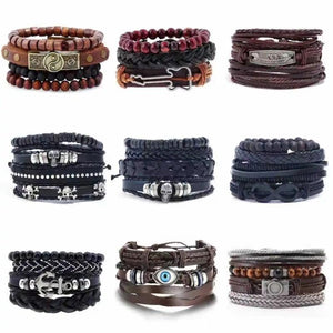 Men's Leather Woven Bracelet with Wooden Bead Set
