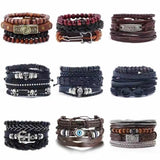 Men's Leather Woven Bracelet with Wooden Bead Set