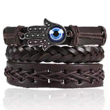 Men's Leather Woven Bracelet with Wooden Bead Set