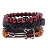 Men's Leather Woven Bracelet with Wooden Bead Set
