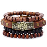 Men's Leather Woven Bracelet with Wooden Bead Set
