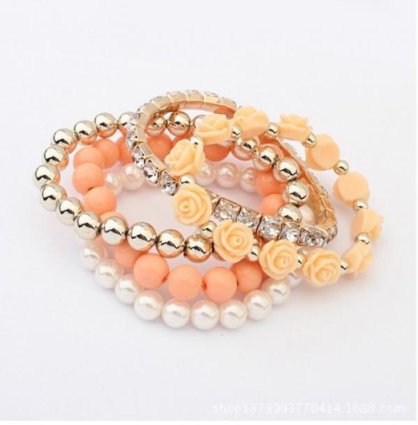 Bohemian CZ Rose Charms Bracelets Set Elastic Multilayer Pearl Beaded