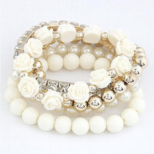 Bohemian CZ Rose Charms Bracelets Set Elastic Multilayer Pearl Beaded