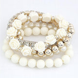 Bohemian CZ Rose Charms Bracelets Set Elastic Multilayer Pearl Beaded