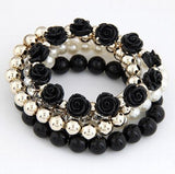 Bohemian CZ Rose Charms Bracelets Set Elastic Multilayer Pearl Beaded