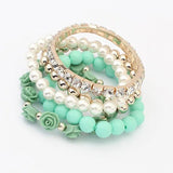 Bohemian CZ Rose Charms Bracelets Set Elastic Multilayer Pearl Beaded