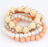 Bohemian CZ Rose Charms Bracelets Set Elastic Multilayer Pearl Beaded