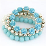 Bohemian CZ Rose Charms Bracelets Set Elastic Multilayer Pearl Beaded