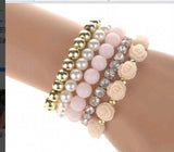 Bohemian CZ Rose Charms Bracelets Set Elastic Multilayer Pearl Beaded