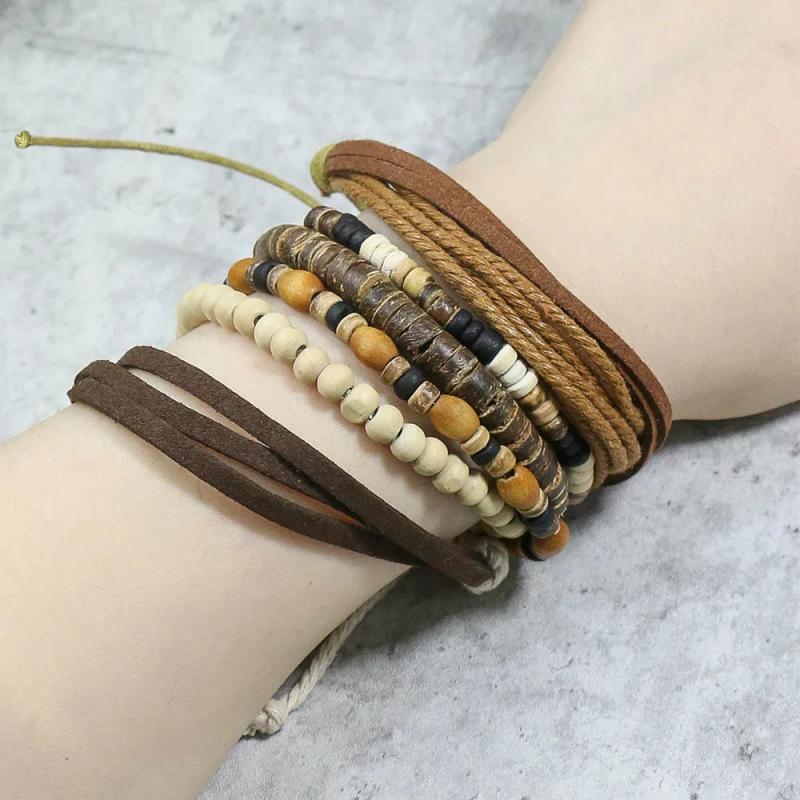Vintage Braided Wrap Beaded Bracelets Set Multiple Layers Leather Wristbands