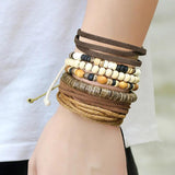 Vintage Braided Wrap Beaded Bracelets Set Multiple Layers Leather Wristbands